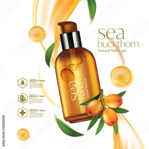 Sea buckthorn. Fresh ripe berries with leaves essential oil Natural Skin Care Cosmetic