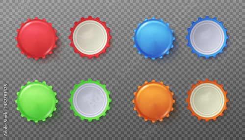 Set of beer or soda drink bottle caps, realistic vector illustration isolated.