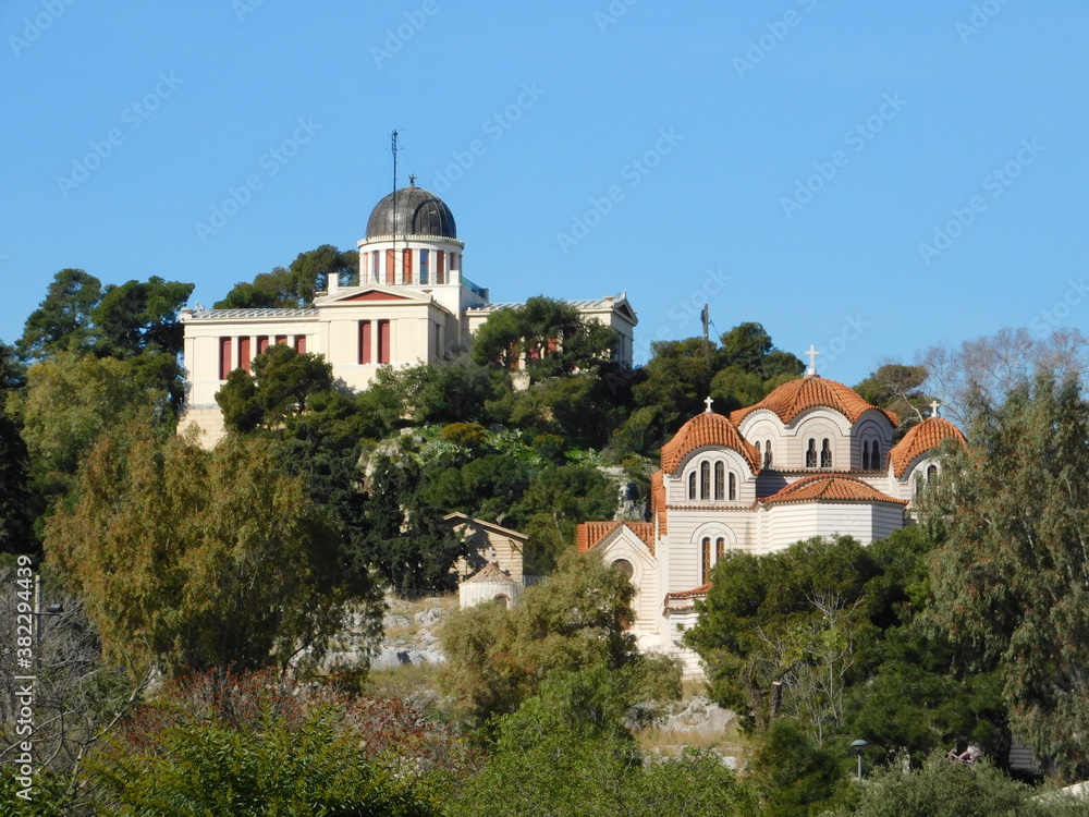The National Stellar Observatory, and a church, in Athens Greece