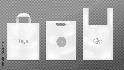Set of white isolated disposable plastic shopping bags a realistic vector illustrations
