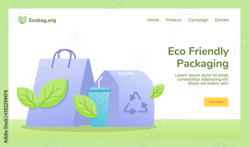 Eco friendly packaging shopping bag cup drink food box packaging recycle campaign for web website home homepage template banner landing page with flat style