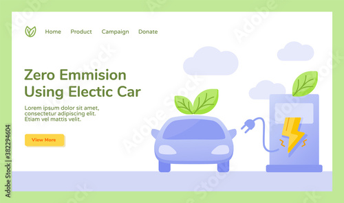 Zero emission using electric car leaf plug charge electricity campaign for web website home homepage template banner landing page with flat style
