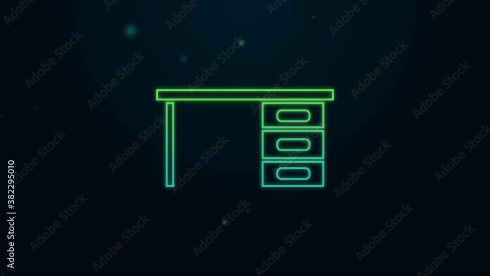 Glowing neon line Office desk icon isolated on black background. 4K Video motion graphic animation Glowing neon line Office desk icon isolated on black background. 4K Video motion graphic animation