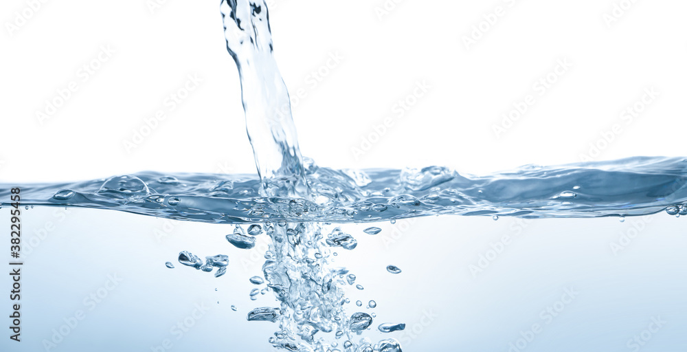 Water splash Aqua flowing in waves and creating bubbles Drops on the water surface feel fresh and clean isolated on white background Water splash Aqua flowing in waves and creating bubbles Drops on the water surface feel fresh and clean isolated on white background