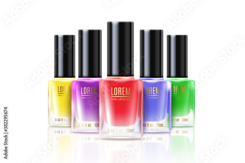 Realistic nail polish bottle line mockups in different colors