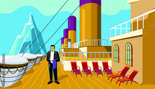 Titatic Ship Eksteriror Deck with waiter Man 