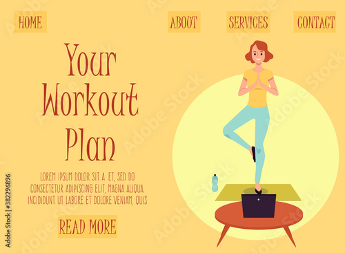 Workout plan website banner with cartoon woman doing yoga with laptop