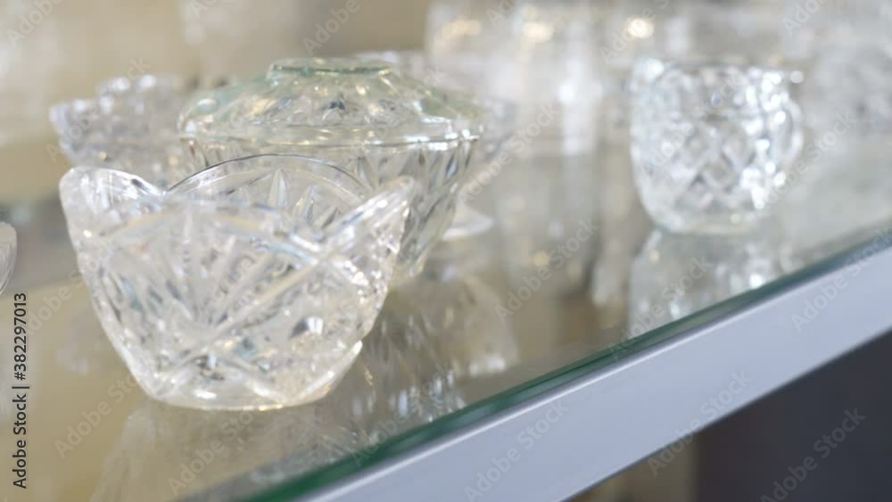 The glass bowls being displayed inside the dining area The glass bowls being displayed inside the dining area