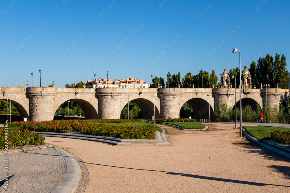 Gardens on the banks of the Manzanares River in the area known as Madrid Rio in Madrid, Spain