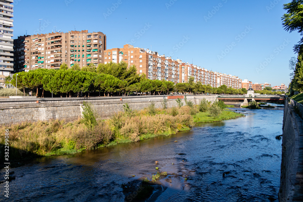 Gardens on the banks of the Manzanares River in the area known as Madrid Rio in Madrid, Spain