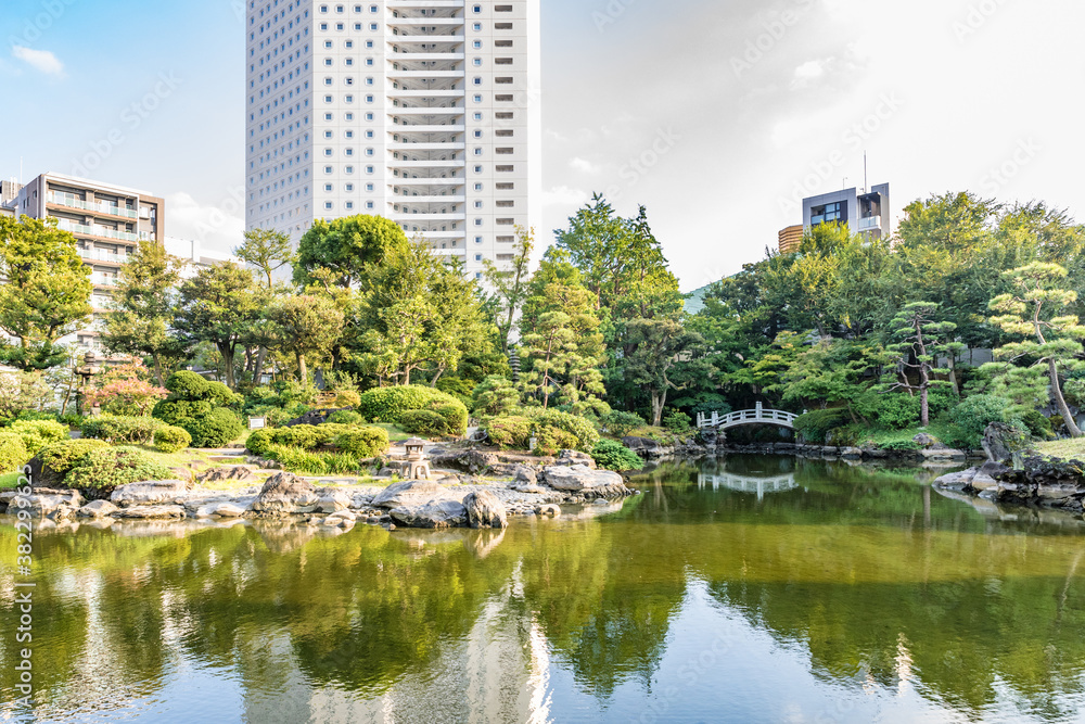 Kyu-Yasuda Gardens, a public Japanese garden park in Tokyo, Japan.