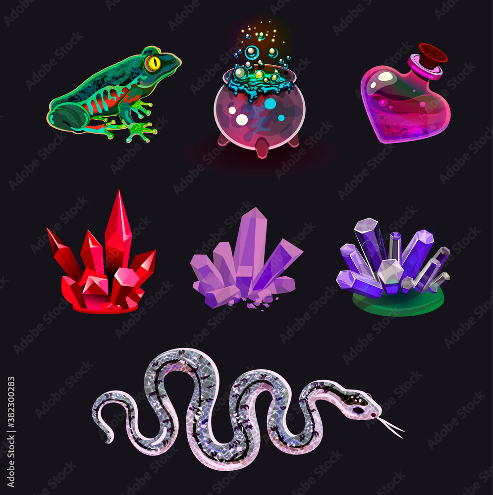 a set of isolated vector icons. fantasy. objects for mobile games or playing cards. witchcraft, magic, rituals, witchcraft. potion, frog, crystals, bottle, snake, love elixir. magic school set. a set of isolated vector icons. fantasy. objects for mobile games or playing cards. witchcraft, magic, rituals, witchcraft. potion, frog, crystals, bottle, snake, love elixir. magic school set.