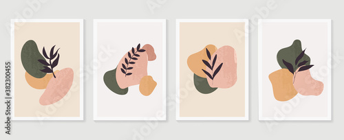 Botanical wall art vector set. Earth tone boho foliage line art drawing with  abstract shape.  Abstract Plant Art design for print, cover, wallpaper, Minimal and  natural wall art. © TWINS DESIGN STUDIO