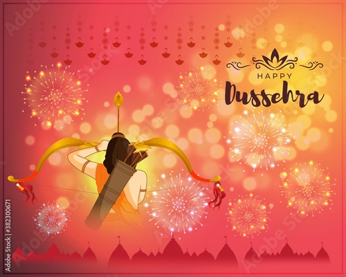 Vector illustration of Happy Dussehra greeting, Indian festival, Lord Rama holding bow and arrow in hands, danglers, temples, fireworks, beautiful bokeh background.