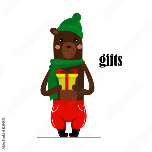 bear in red trousers, green scarf and hat holding a gift