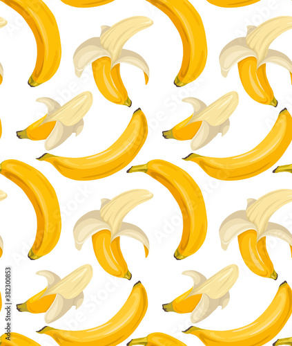 Cartoon seamless pattern with juicy bananas on white background. Tropical trendy fruits. Vector contrast pattern for fabrics, wallpapers and your creativity.