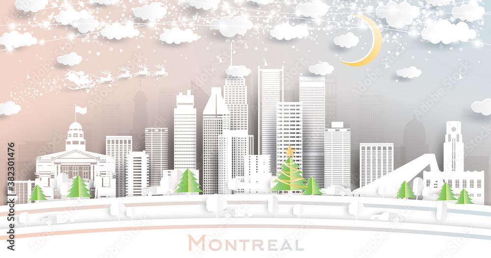 Fototapeta premium Montreal Canada City Skyline in Paper Cut Style with Snowflakes, Moon and Neon Garland.