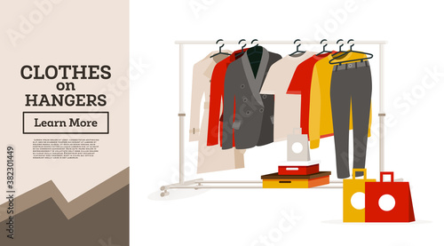 Woman's Clothes Hanging on Hangers. Gift Boxes and Bags Next to It.