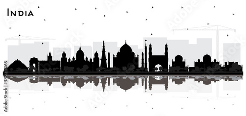 India City Skyline Silhouette with Black Buildings and Reflections Isolated on White.