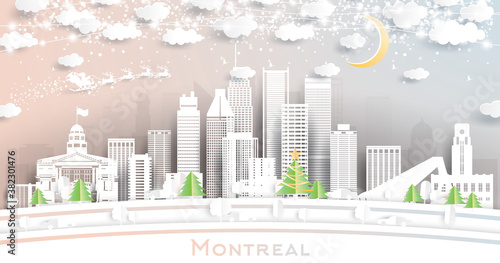 Montreal Canada City Skyline in Paper Cut Style with Snowflakes, Moon and Neon Garland.