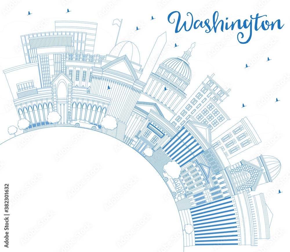 Outline Washington DC USA City Skyline with Blue Buildings and Copy Space.