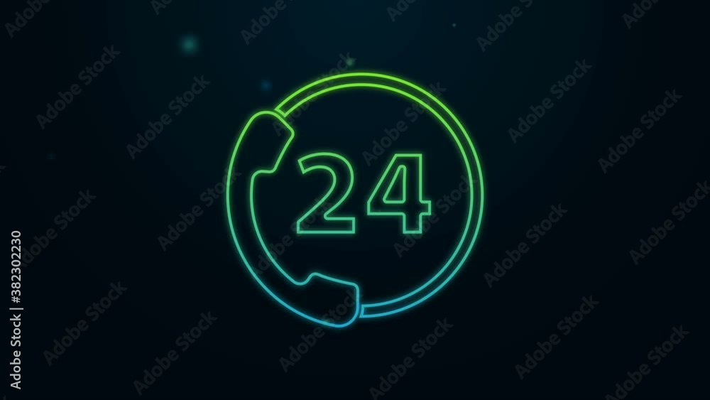 Glowing neon line Telephone 24 hours support icon isolated on black background. All-day customer support call-center. Full time call services. 4K Video motion graphic animation Glowing neon line Telephone 24 hours support icon isolated on black background. All-day customer support call-center. Full time call services. 4K Video motion graphic animation
