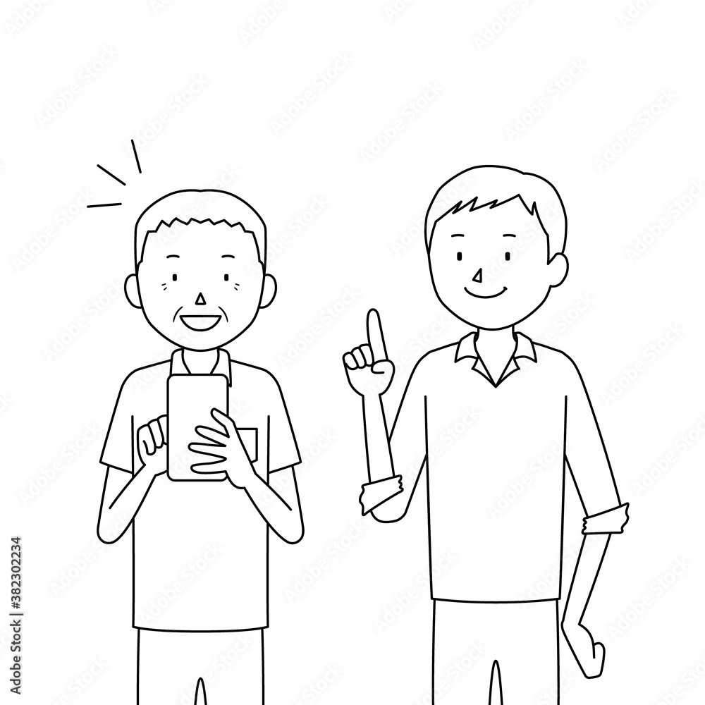 Illustration of a senior man who asks his son to teach him how to use a smartphone (I understand how to use it!) Illustration of a senior man who asks his son to teach him how to use a smartphone (I understand how to use it!)