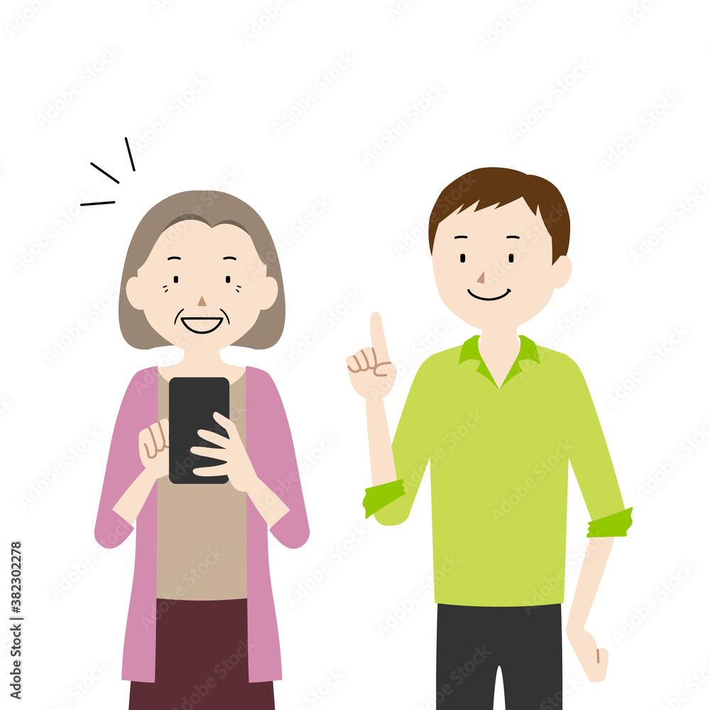 Illustration of a senior woman who asks her son to teach her how to use a smartphone (I understand how to use it!) Illustration of a senior woman who asks her son to teach her how to use a smartphone (I understand how to use it!)