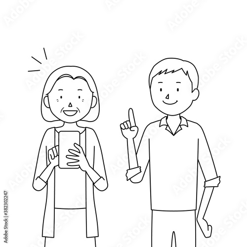 Illustration of a senior woman who asks her son to teach her how to use a smartphone (I understand how to use it!)