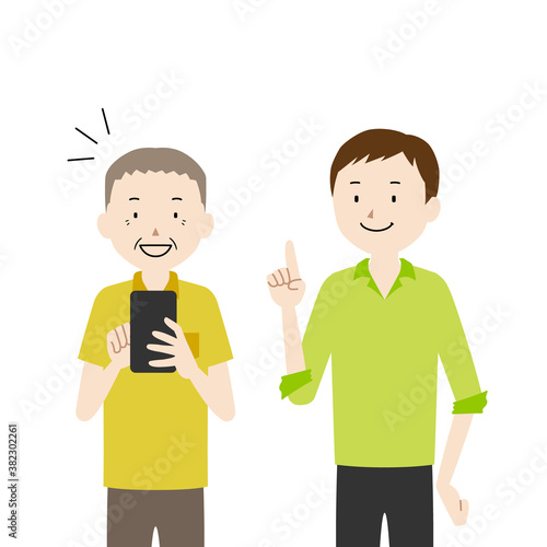 Illustration of a senior man who asks his son to teach him how to use a smartphone (I understand how to use it!)