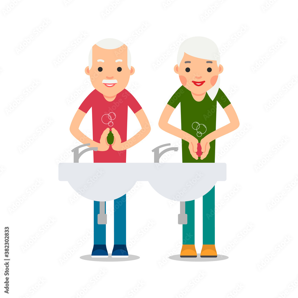 Flat illustration with old man and woman wash hands on white background for medical design. Hand hygiene. Coronavirus prevention. Isolated. Health care. Healthy lifestyle. Virus protection