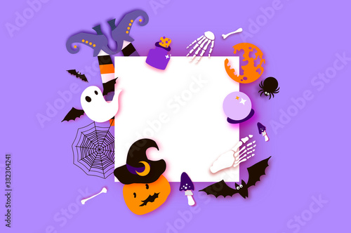 Happy Halloween party. Mystical night with Pumpkin, bat, bones, ghost, witch shoes. Trick or treat. Skeleton. Square frame. Space for text. Paper craft art .