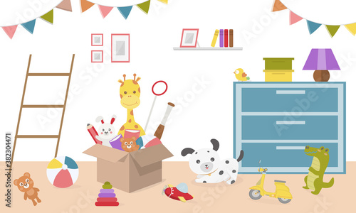 Kids toys in boxes. Playroom kids  in nursery. Baby room interior. Cartoon childrens room with kid toys on the floor. Baby room Flat style vector illustration.