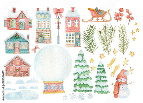 Large set of hand-drawn watercolor illustrations on the theme of Christmas. Cozy Christmas houses. Stars, snowflakes, snowman, spruce and branches, festive mood for stickers, decorations, design.