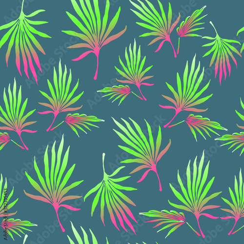 Palm leaves on a gray background. Tropical plants. Branch.Seamless vector illustration in bright tones