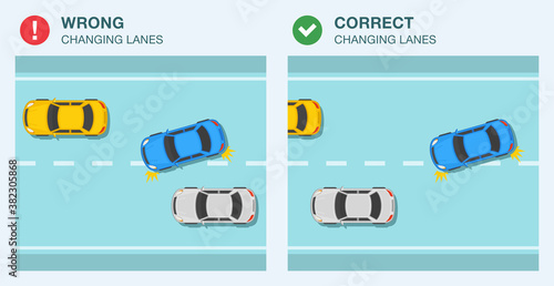 Wrong and correct changing lanes while driving a car. Flat vector illustration template.