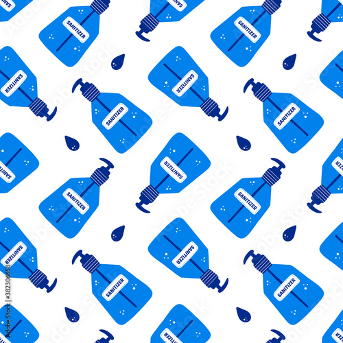Sanitizer in bottle with pump dispenser and drops vector doodle seamless pattern background for hand washing, disinfecting.