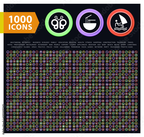 Set of 1000 High Quality Solid Icons on Colorful Buttons . Isolated Vector Elements