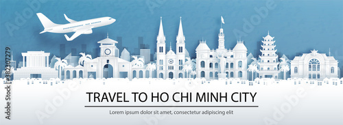 Travel advertising with travel to Ho Chi Minh City, Vietnam concept with panorama view of city skyline and world famous landmarks in paper cut style vector illustration.