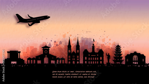 Watercolor of Ho Chi Minh City, Vietnam silhouette skyline and famous landmark. vector illustration.