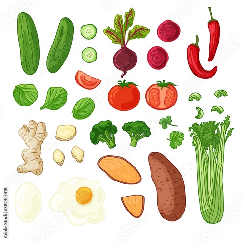 Big set of vegetable, berries, herb and roots. Natural raw fresh food for vegetarian nutrition. Illustration for fresh smoothie or diet flyer. Vector