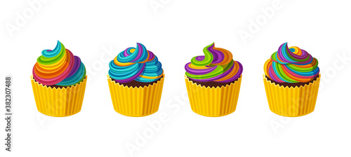 Rainbow cupcakes with multicolored icing. Tasty cakes with colorful cream. Vector illustration in cute cartoon style