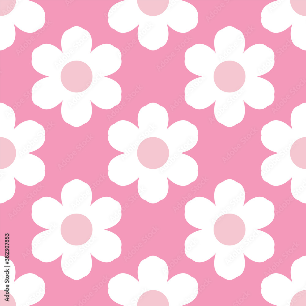 Seamless abstract floral pattern. Geometric vector graphic of white flower on pink background 