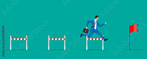 Businessman with briefcase runs on obstacle course. Business man jumping over the barrier. Financial crisis. Risk management challenge. Achievement and goal. Flat vector illustration