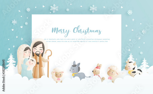 A Christmas nativity scene cartoon, with baby Jesus, Mary and Joseph in the manger with donkey and other animals. Christian religious illustration.