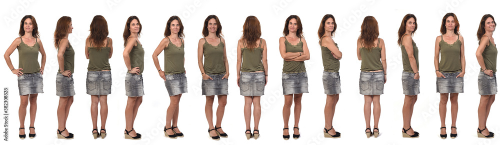 large group of same woman wearing skirt with on white background, back,front and side view