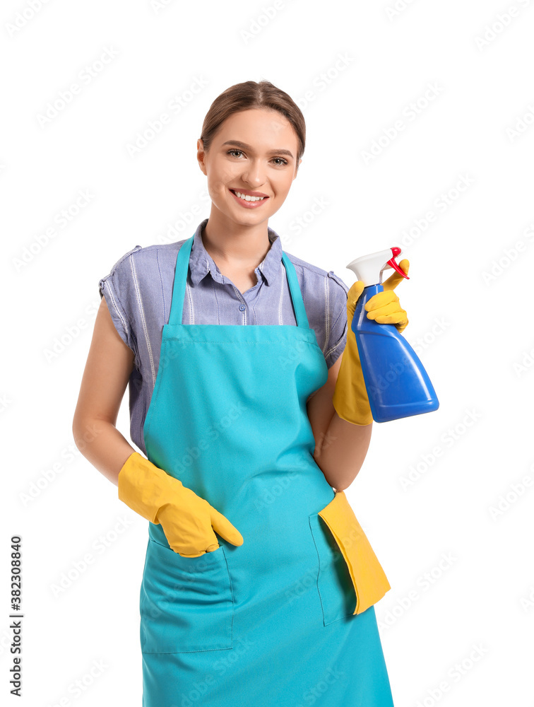 Young woman with detergent on white background Young woman with detergent on white background