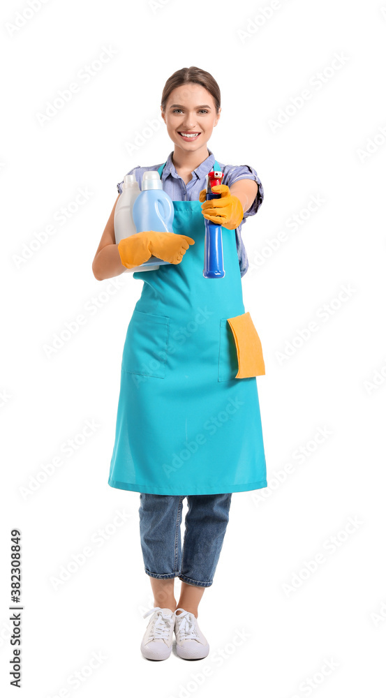 Young woman with cleaning supplies on white background Young woman with cleaning supplies on white background