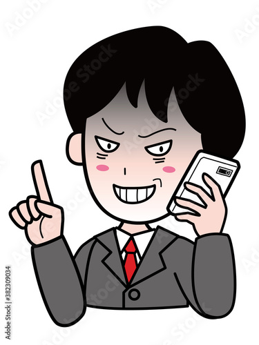 悪いことを企んでいるスーツ姿の男性（スマホで通話中）