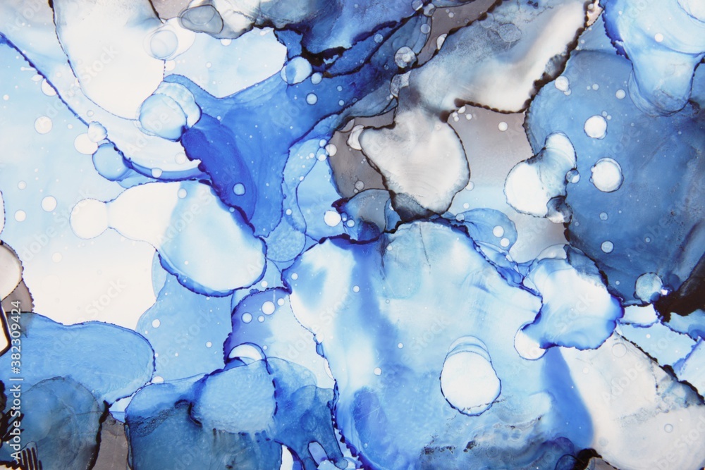Alcohol Ink painting, abstract. Blue abstract background. Modern contemporary art, modern fluid art. Light blue colors translucent, texture background. Design wrapping paper, wallpaper, bathroom door